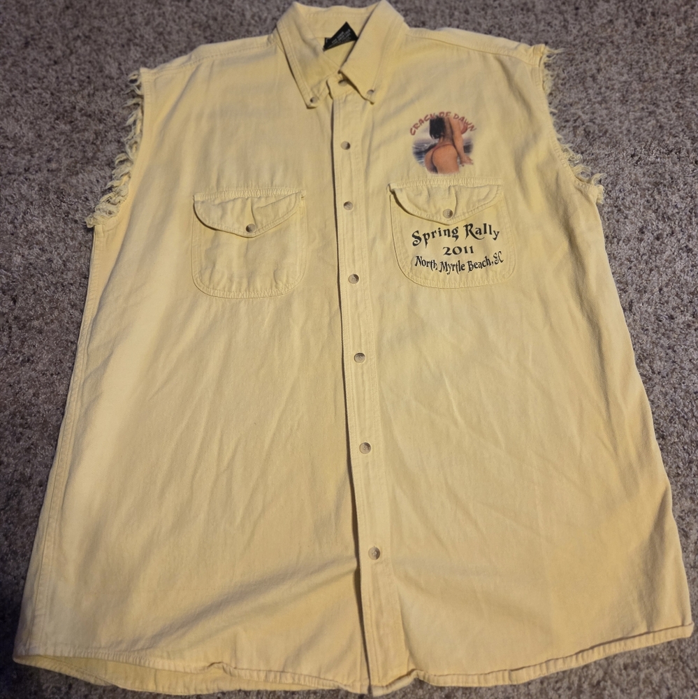 2011 Myrtle Beach Spring Rally Yellow Button Up Cutoff Biker Shirt XL